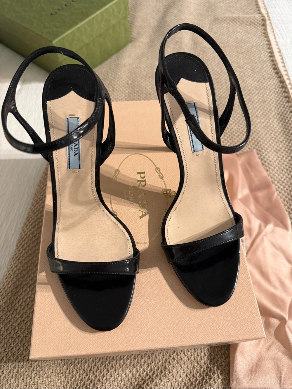 Prada Black Patent Leather Strappy Open-Toe Heels